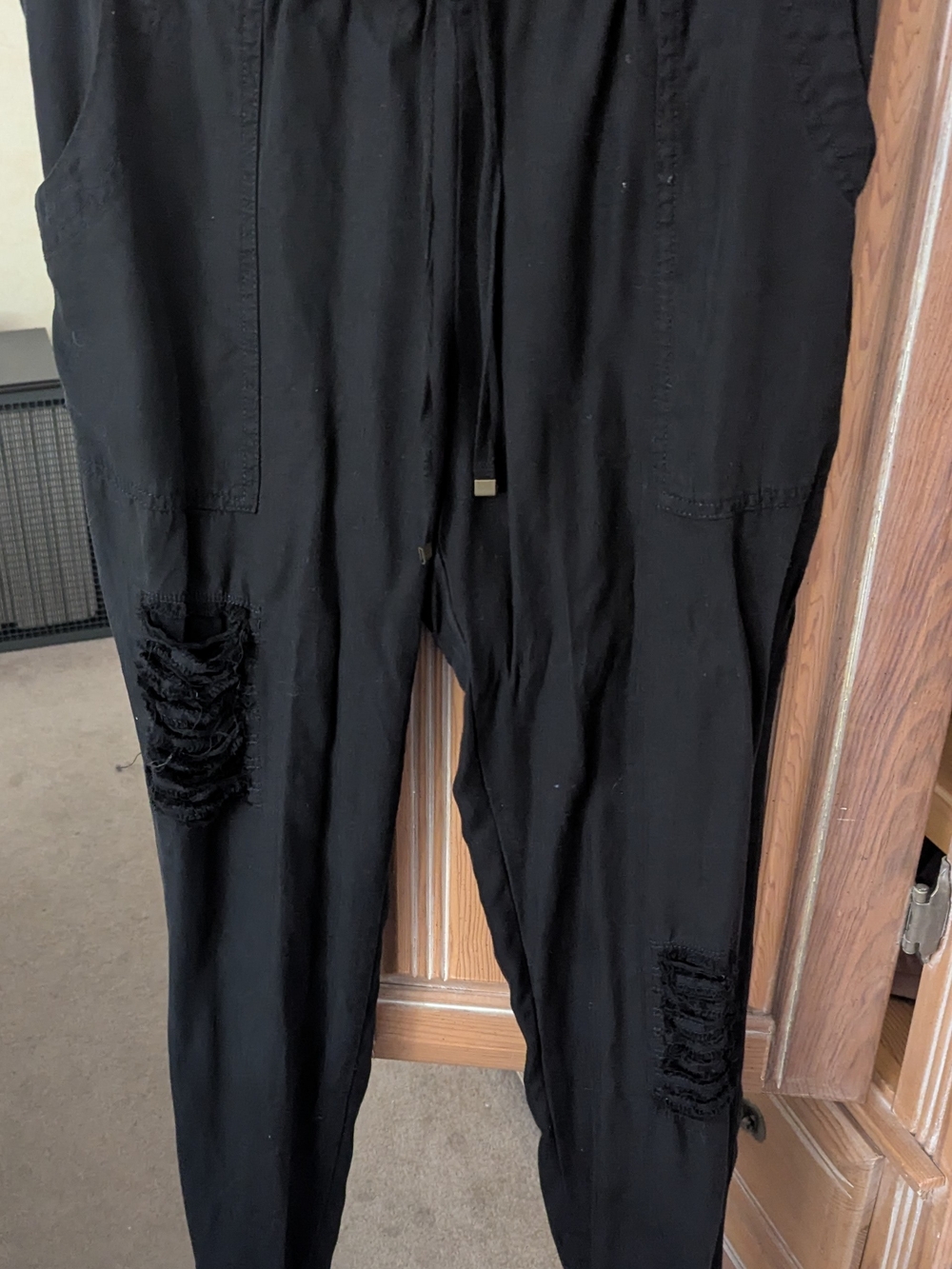 Black Women's Drawstring Ripped Pants Joggers